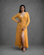 IHSAR Mustard Wrap Dress in Mustard – dress with gold sequin embroidery