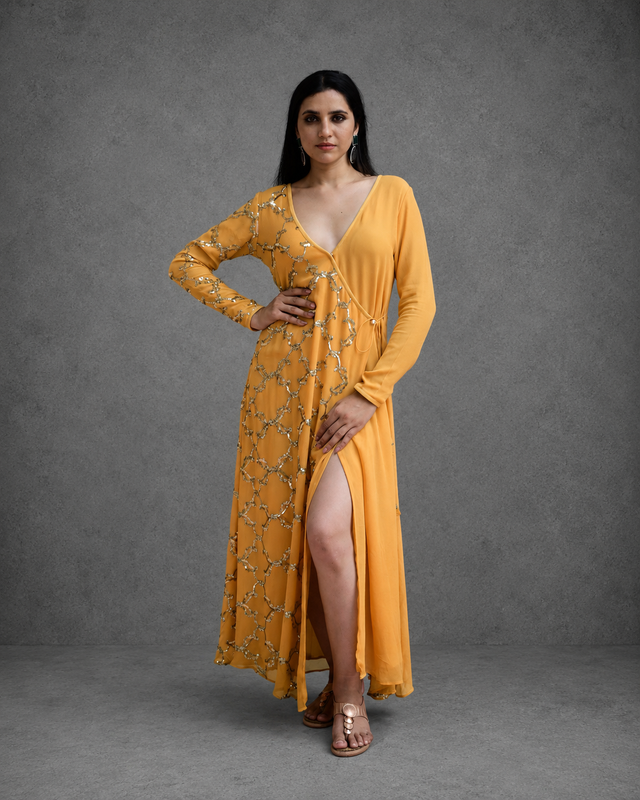 IHSAR Mustard Wrap Dress in Mustard – dress with gold sequin embroidery