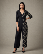 IHSAR Black Cocktail Jumpsuit in Black – jumpsuit with gold sequin embroidery