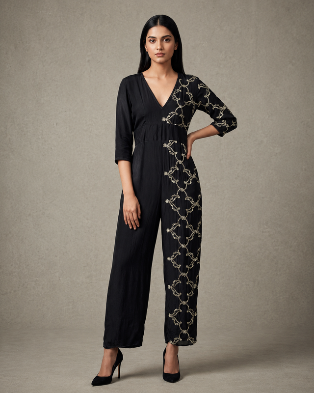 IHSAR Black Cocktail Jumpsuit in Black – jumpsuit with gold sequin embroidery