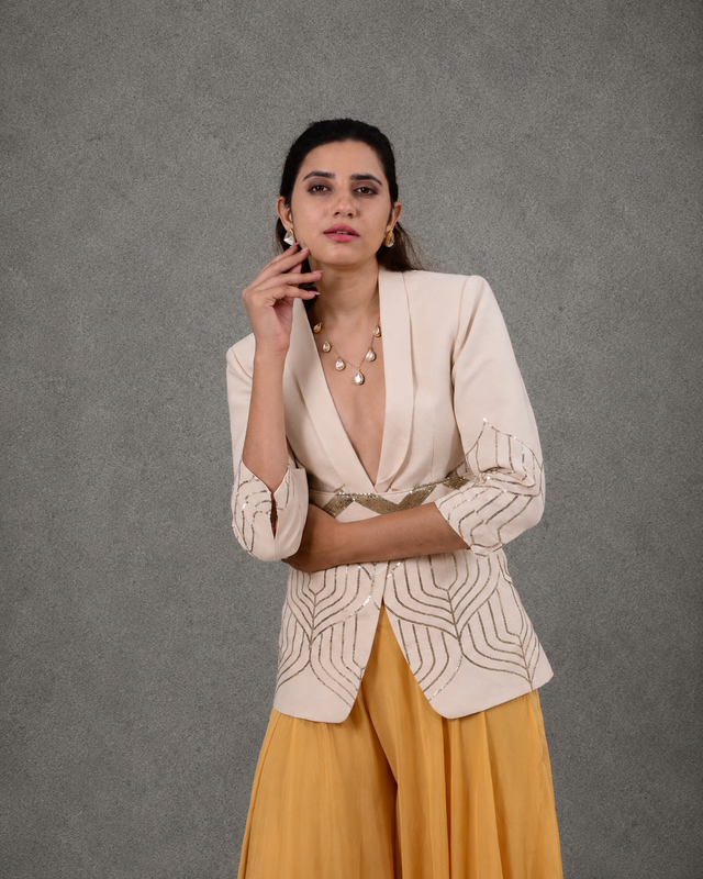 IHSAR Off-White Sequins Blazer in Off-White – blazer with gold sequin embroidery