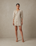 IHSAR Metallic Grey Silk Top Cum Dress in Grey – top with gold sequin embroidery