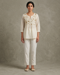 IHSAR Off-White Boho Top in Off-White – top with gold sequin embroidery