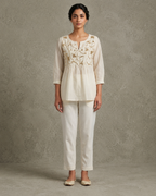 IHSAR Off-White Boho Top in Off-White – top with gold sequin embroidery