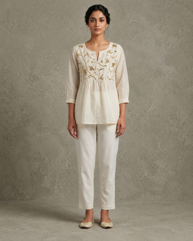 IHSAR Off-White Boho Top in Off-White – top with gold sequin embroidery