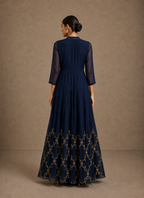 Navy Blue Sequin Embroidered Yok Anarkali Gown with Sheer Sleeves