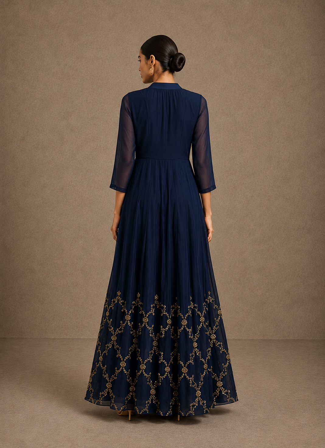 Navy Blue Sequin Embroidered Yok Anarkali Gown with Sheer Sleeves