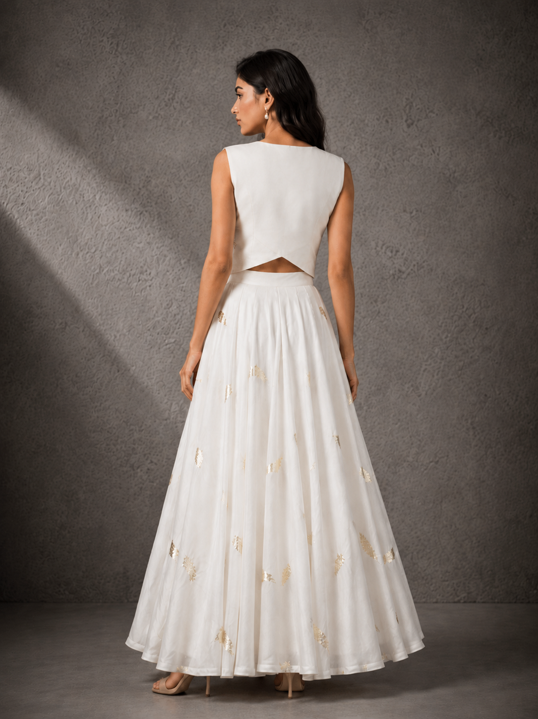 White Sequin Embroidered Crop Top with Flared Skirt Set