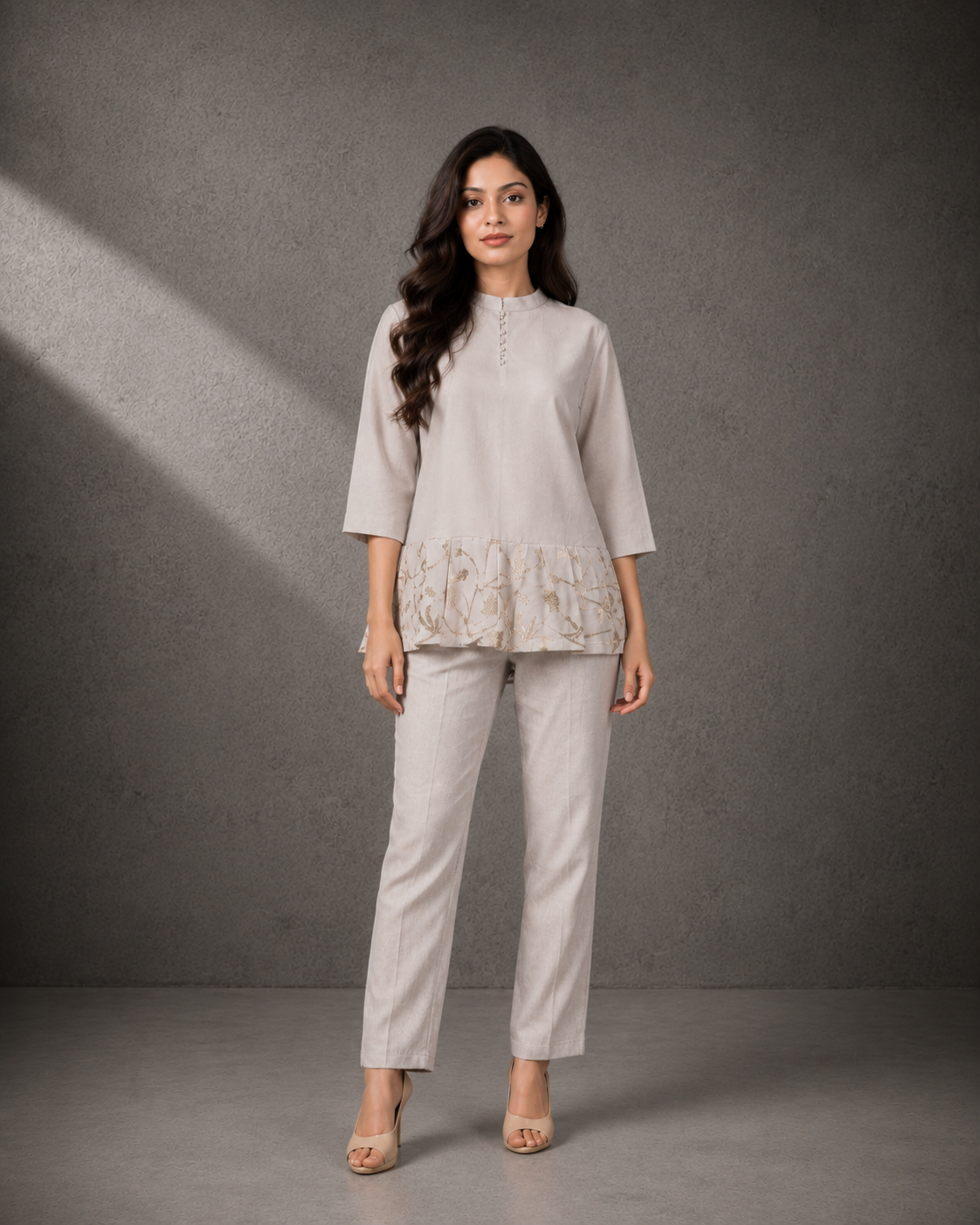 Grey Embroidered Peplum Top with Straight Pants Set