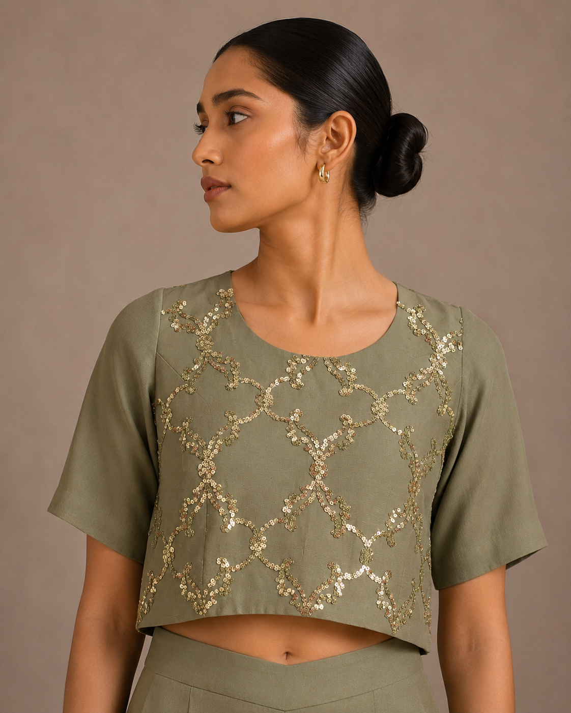 Olive Green Sequin Embroidered Round Neck Crop Top