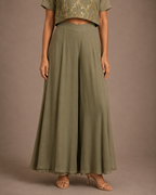 Olive Green High-Waist Flared Palazzo Pants