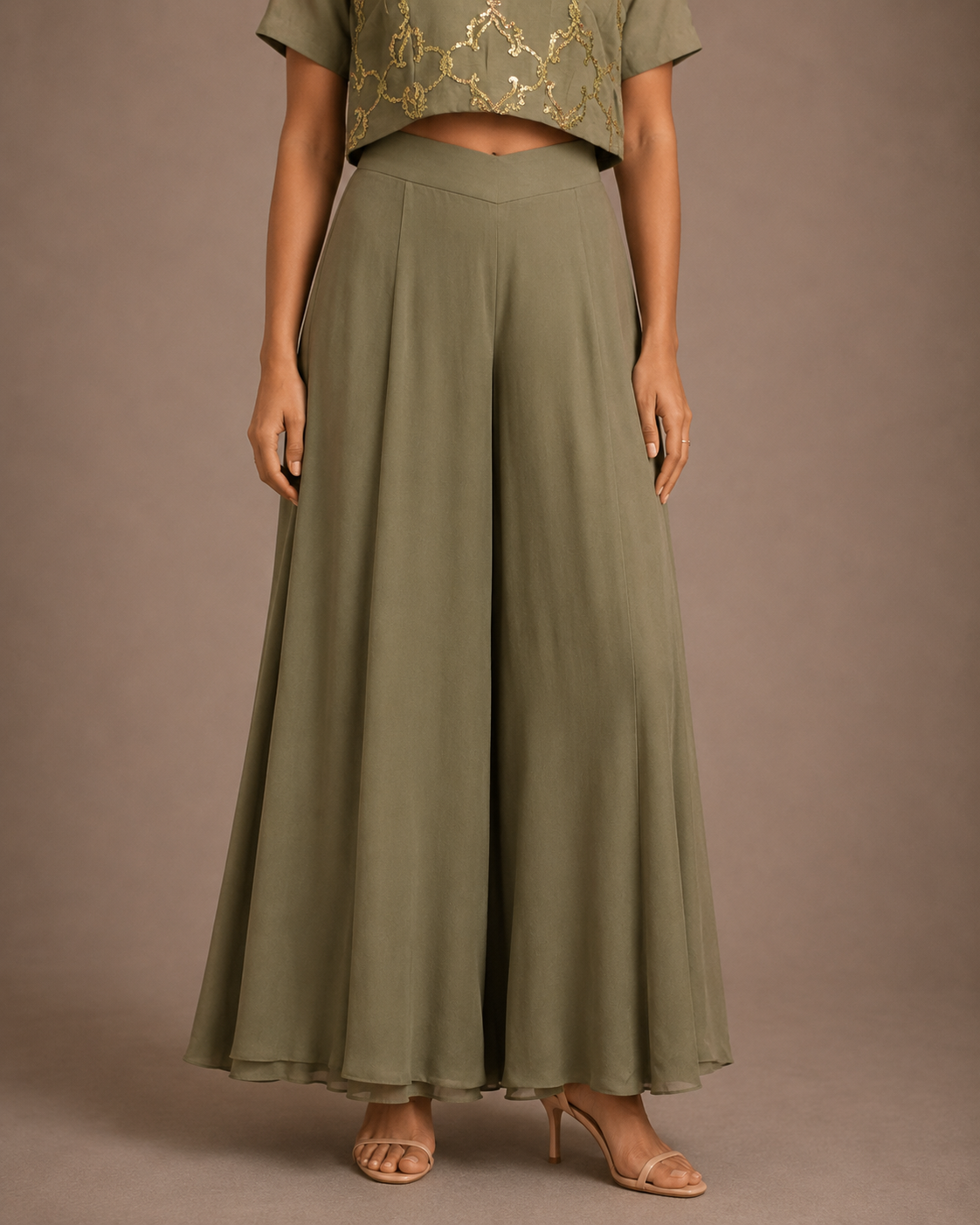 Olive Green High-Waist Flared Palazzo Pants