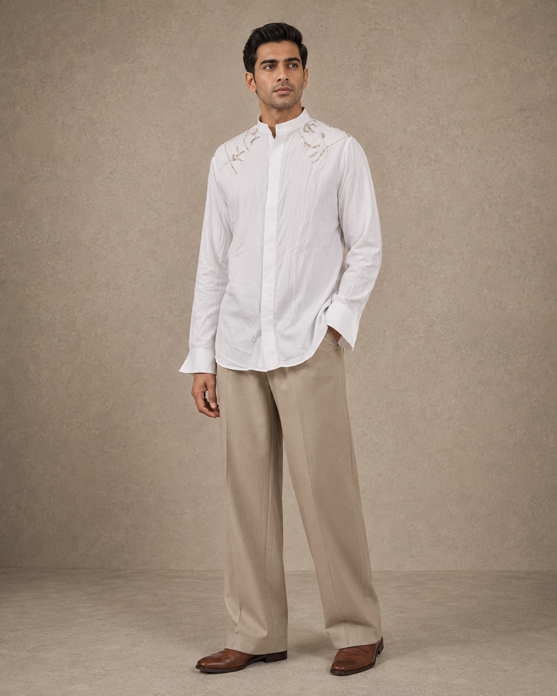 White Embroidered Mandarin Collar Shirt With Work At Back