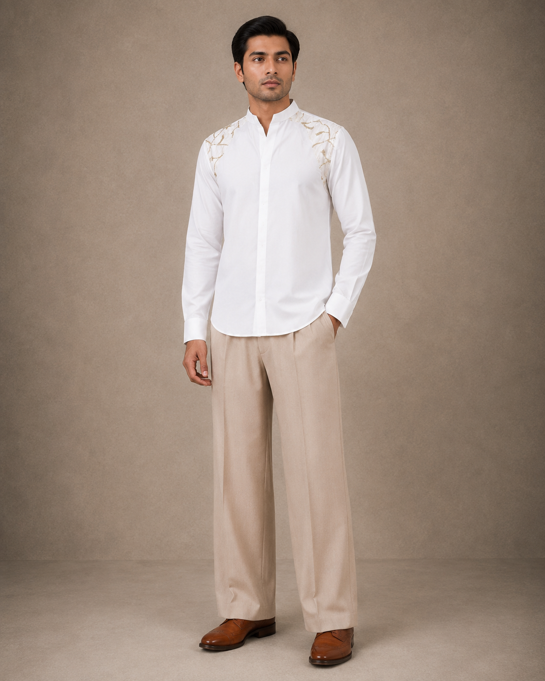 White Sequin Embroidered Mandarin Collar Shirt