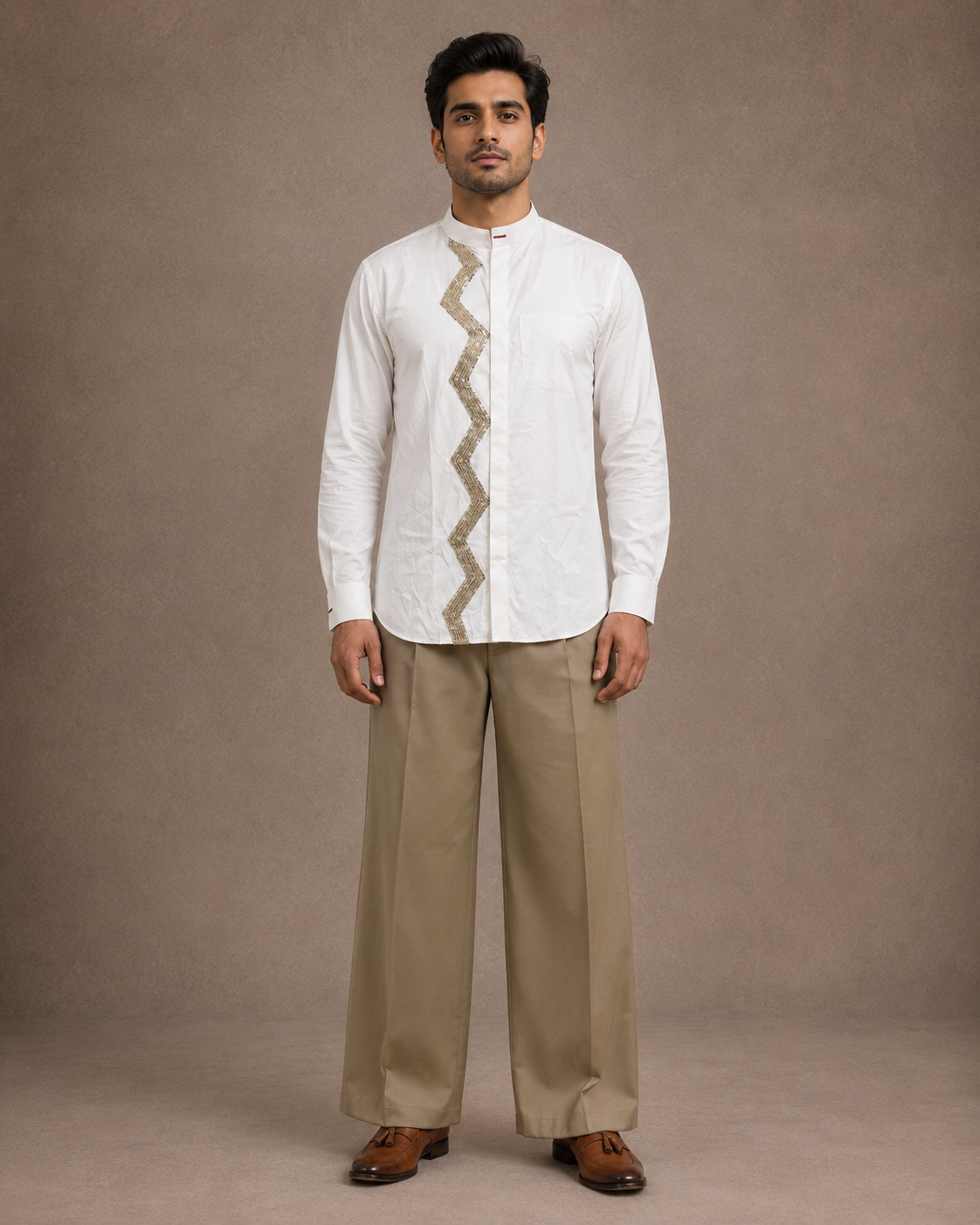 White Shirt With Zigzag Sequins Embroidery Placket With Mandarin Collar
