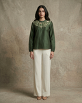 IHSAR Olive Sequins Top in Olive – top with gold sequin embroidery