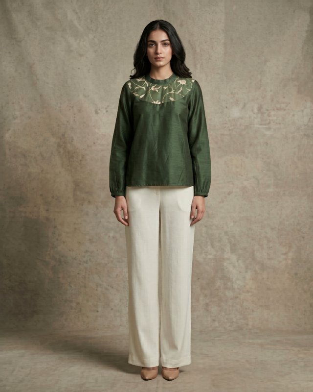 IHSAR Olive Sequins Top in Olive – top with gold sequin embroidery