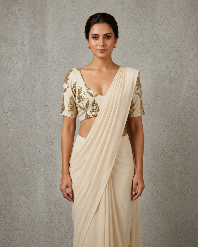 IHSAR Off-White Deep-Neck Blouse in Off-White – blouse with gold sequin embroidery
