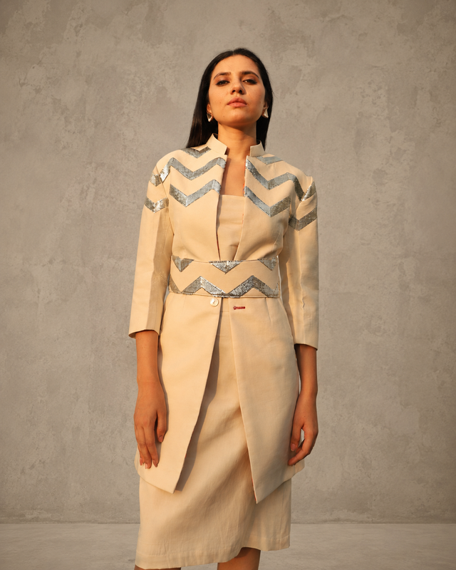 IHSAR Off-White Blazer Skirt Set in Off-White – co-ord set with gold sequin embroidery