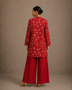 Red Floral Embroidered Long Shirt with Palazzo Pants Co-ord Set
