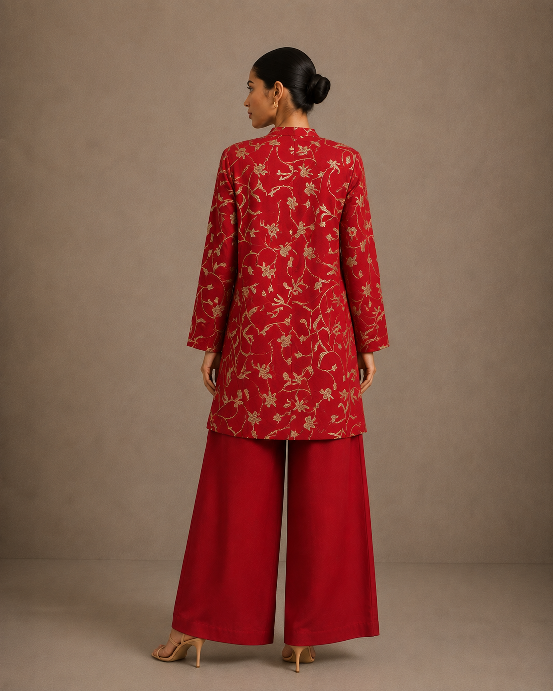 Red Floral Embroidered Long Shirt with Palazzo Pants Co-ord Set