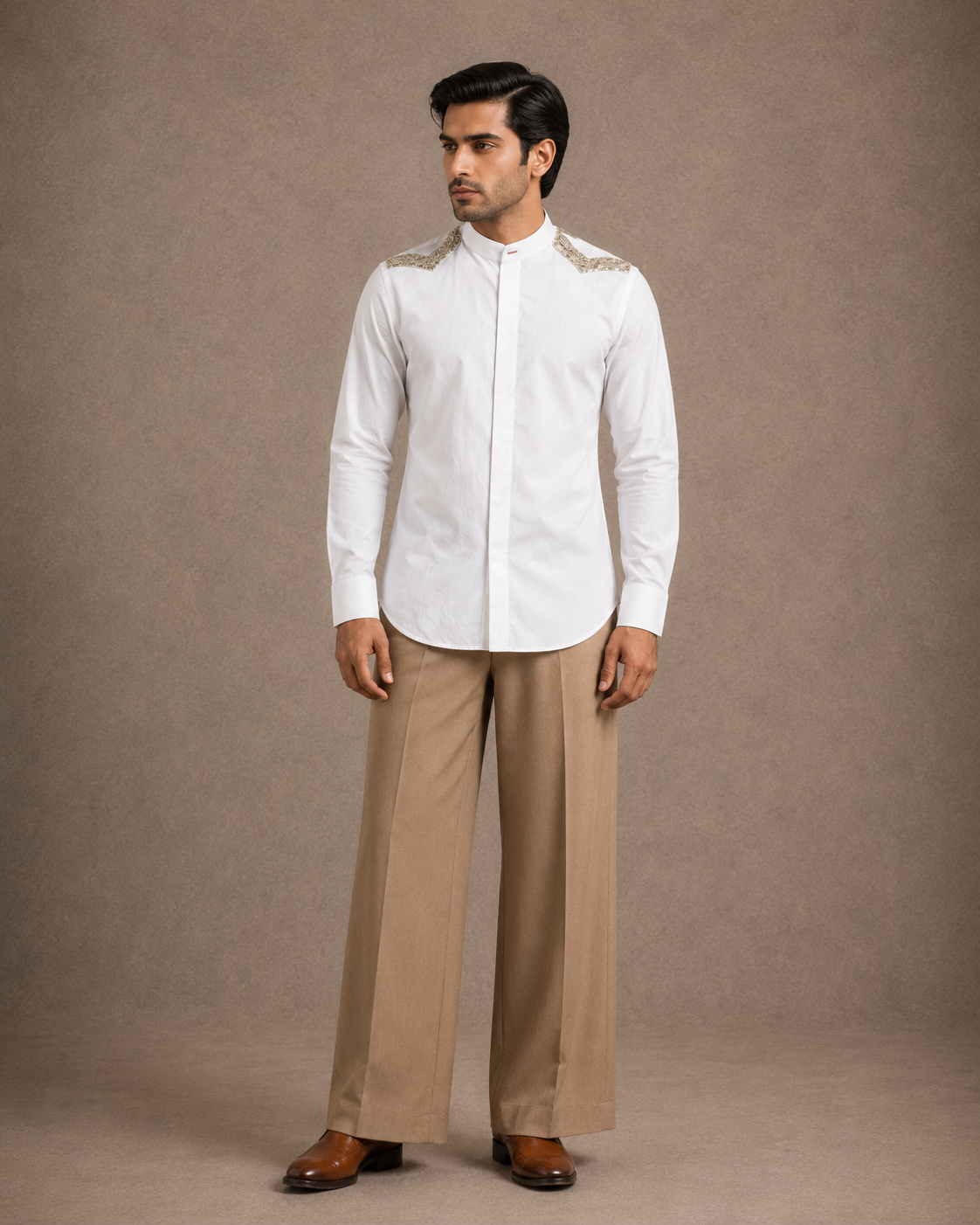 White Mandarian Collar Shirt with Embroidered Shoulder