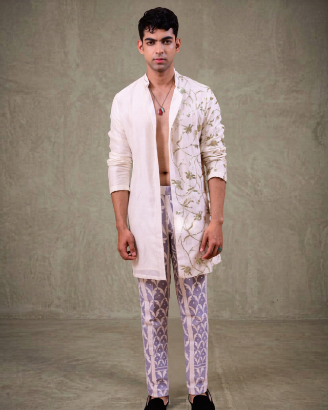 IHSAR Off-White Long Shirt in Off-White – shirt with gold sequin embroidery