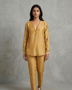 IHSAR Honey Gold V-Neck Silk Chanderi Top in Mustard – top with gold sequin embroidery