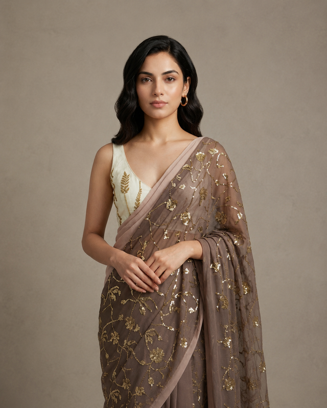IHSAR Deep U-Neck Sequin Blouse in Off-White – blouse with gold sequin embroidery