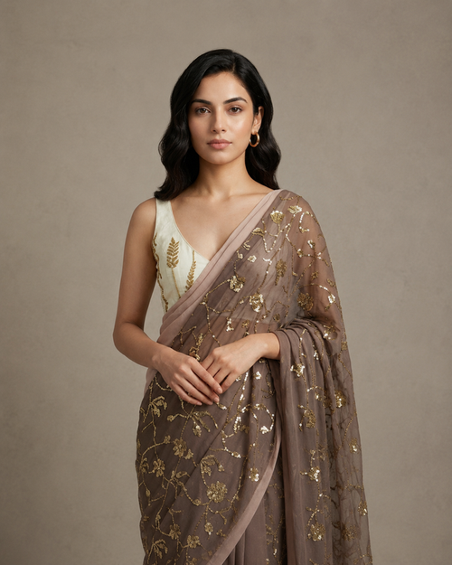 IHSAR Deep U-Neck Sequin Blouse in Off-White – blouse with gold sequin embroidery