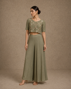 Olive Green Sequin Embroidered Crop Top & Palazzo Pants Co-ord Set
