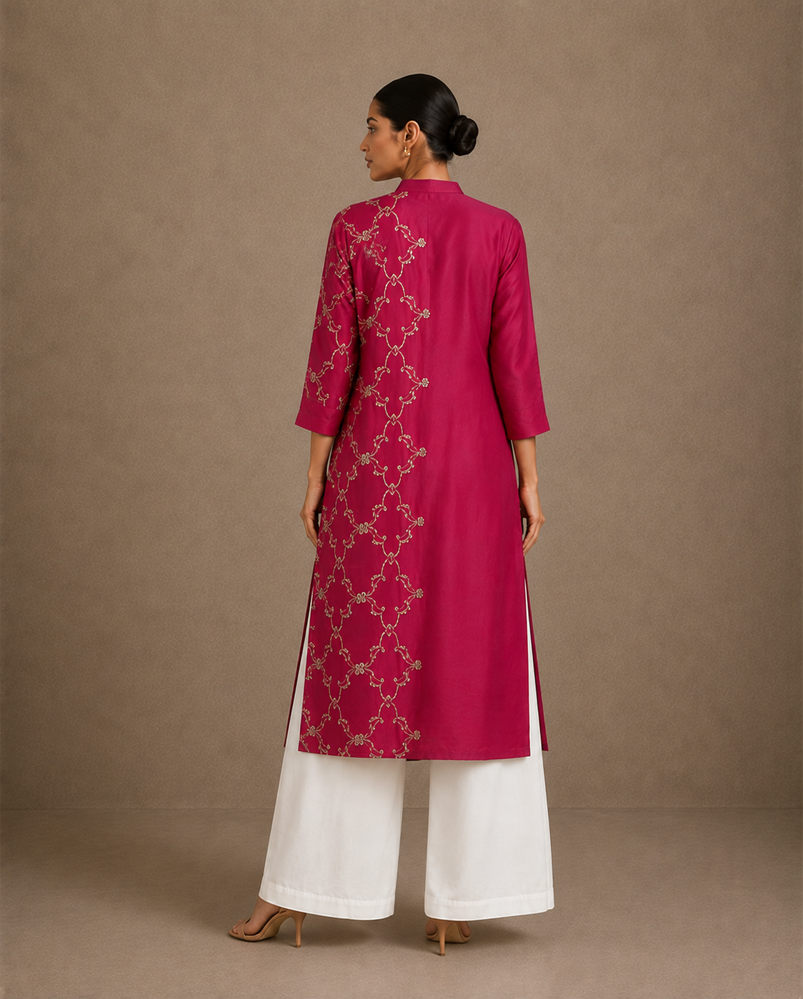 Pink Sequin Embroidered Long Kurta with White Palazzo Set