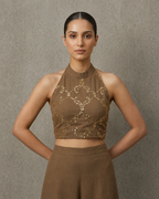 IHSAR Halter-Neck Mehendi Brown Top Cum Blouse in Mehendi Brown – blouse with gold sequin embroidery