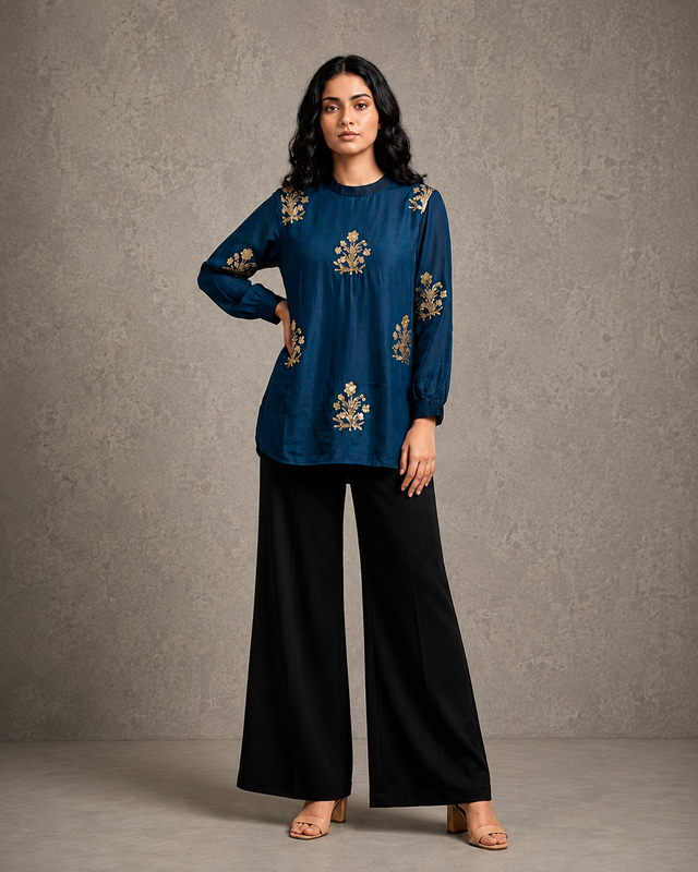 IHSAR Indigo Blue Sequins Top in Indigo Blue – top with gold sequin embroidery