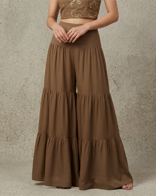 IHSAR Mehendi Brown Sharara Pants in Mehendi Brown – sharara with gold sequin embroidery