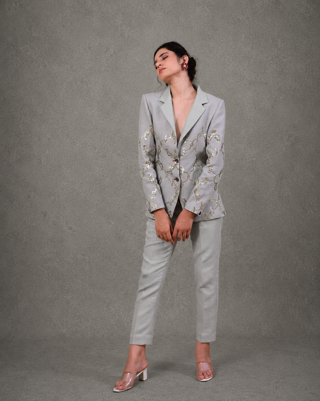 IHSAR Powder Blue Tailored Trousers in Powder Blue – trousers with gold sequin embroidery
