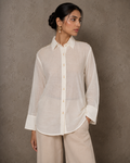IHSAR Off-White Sheer Button-Down Shirt in Off-White – shirt with gold sequin embroidery