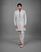 IHSAR Neo-Luxury Longline Chevron Blazer in Grey – blazer with gold sequin embroidery
