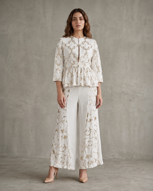 IHSAR Off-White Co-ord Set in Off-White – co-ord set with gold sequin embroidery