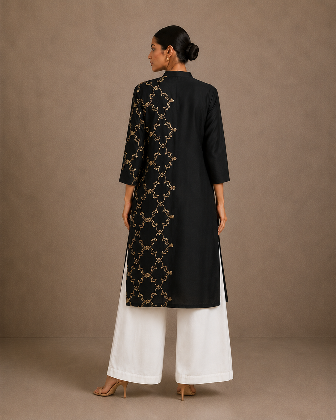 Black  Embroidered Long Kurta with White Palazzo Set