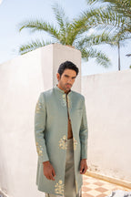 IHSAR Powder Blue Achkan Sherwani Jacket in Powder Blue – sherwani with gold sequin embroidery