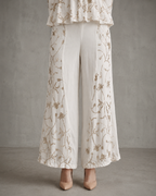 IHSAR Off-White Wide Leg Pants in Off-White – pants with gold sequin embroidery