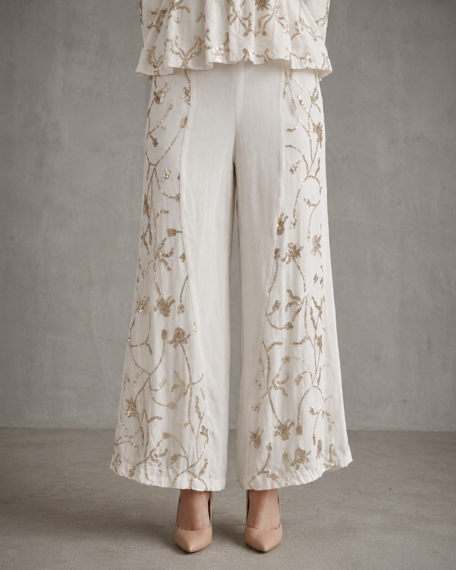 IHSAR Off-White Wide Leg Pants in Off-White – pants with gold sequin embroidery