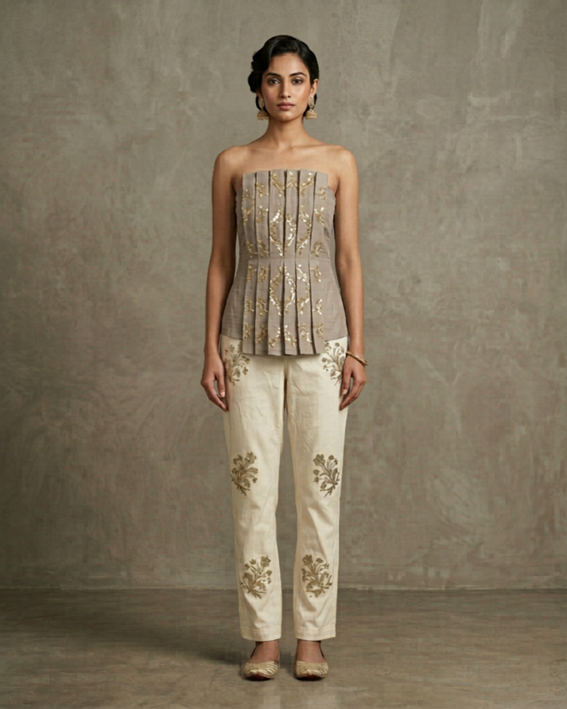 IHSAR Grey Pleated Tube Top in Grey – tube top with gold sequin embroidery