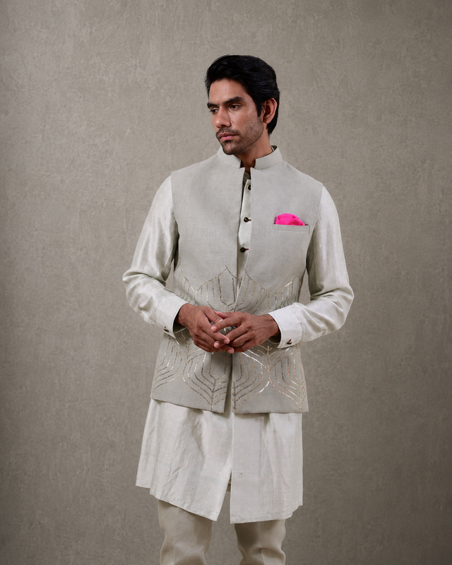 IHSAR Powder Blue Nehru Jacket in Powder Blue – jacket with gold sequin embroidery