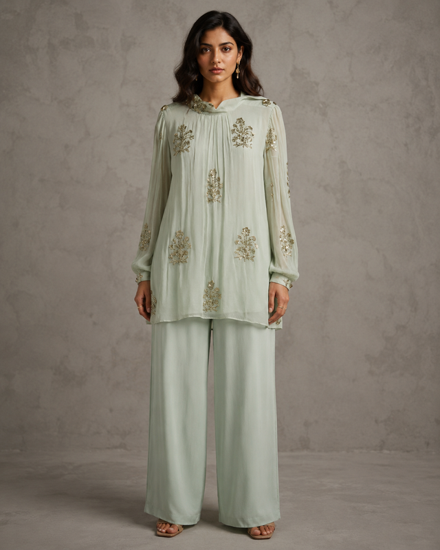 IHSAR Mint Green Sequins Georgette Top in Mint Green – top with gold sequin embroidery