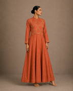 Rust Orange Embroidered Anarkali Gown with Mandarin Collar