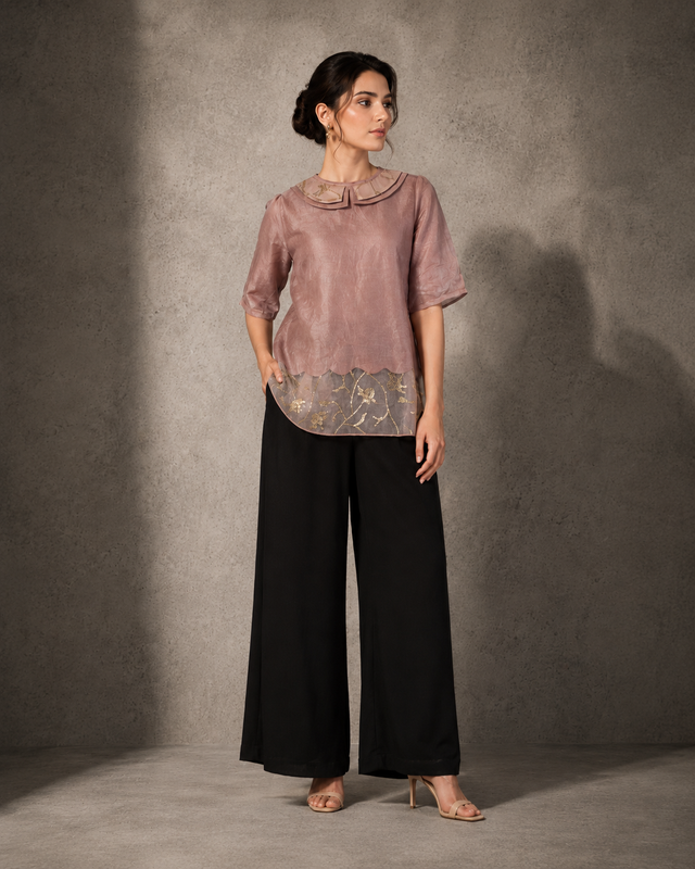 IHSAR Mauve Silk Chanderi Top in Mauve – top with gold sequin embroidery