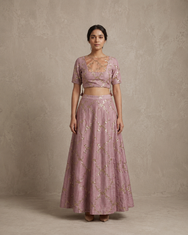 IHSAR Mauve & Rose Sequin Blouse in Rose – blouse with gold sequin embroidery