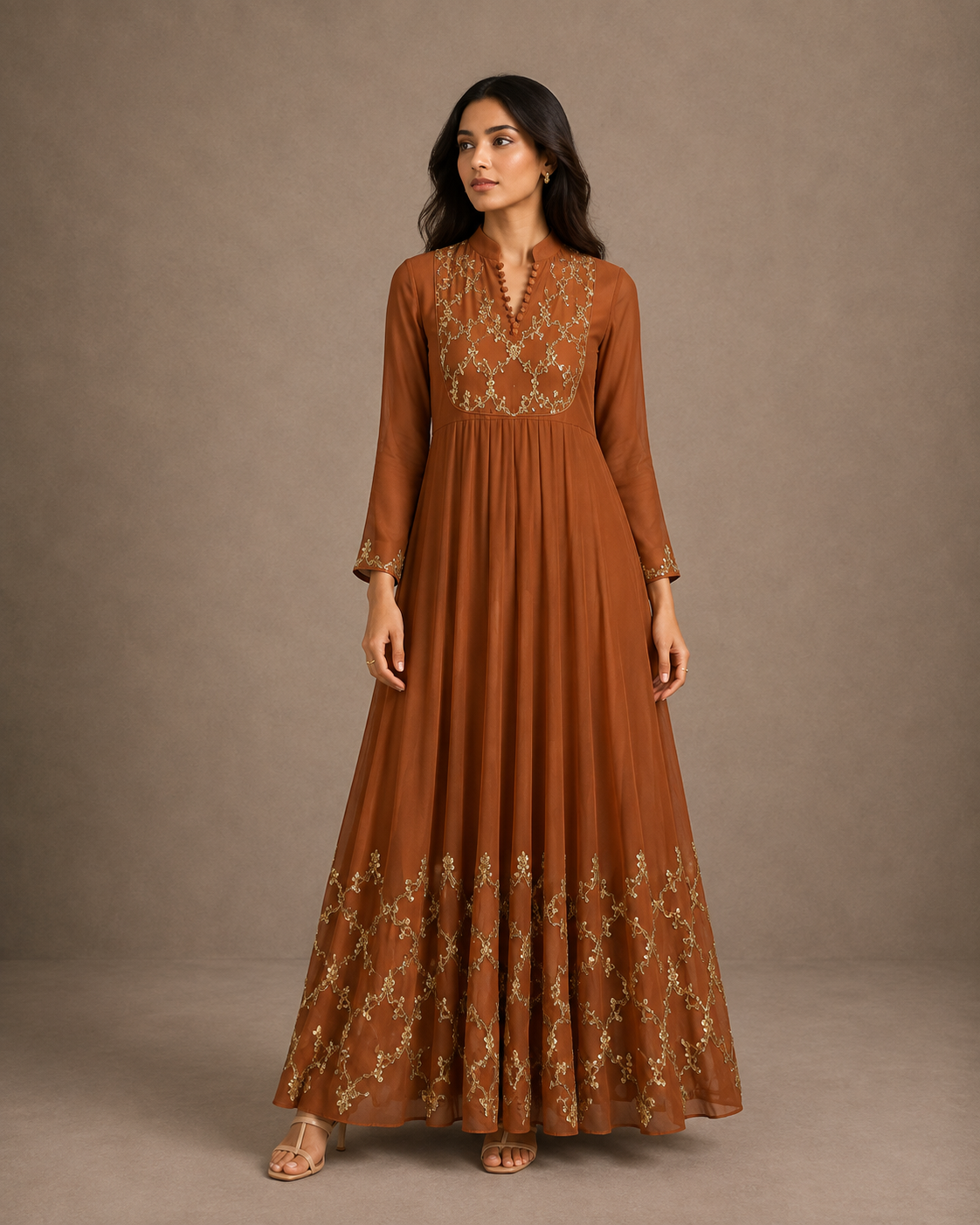 Rust Brown Sequin Embroidered Anarkali Gown with Sheer Sleeves